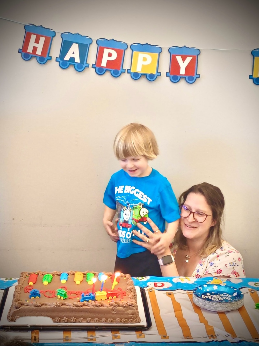 Train-Theme Birthday Banner and Cake Decorations - Blue, Red, Yellow